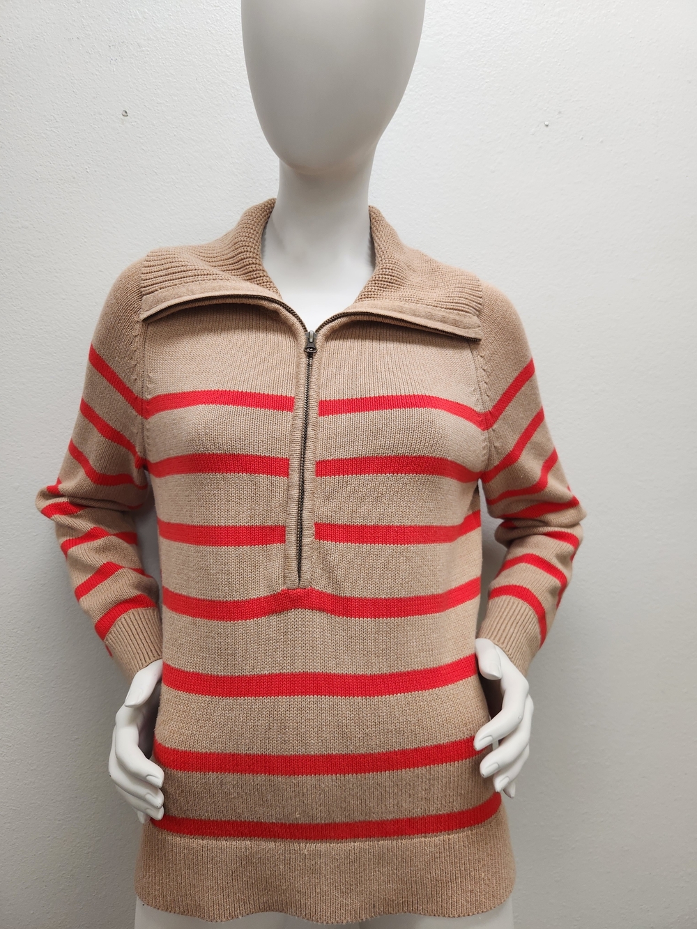 Boden "Lucy" Half-Zip Sweater (Camel Melange/Red Stripe) Size M
